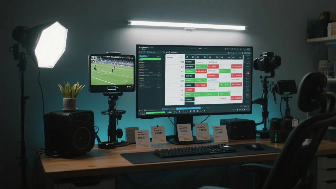 内容创作者在工作台剪辑体育短视频，屏幕上有赛程与数据卡片