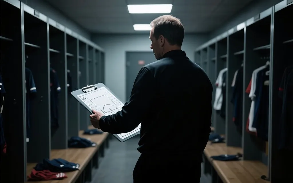 更衣室通道里的教练背影，手握战术板，光影强烈，紧张与克制的氛围