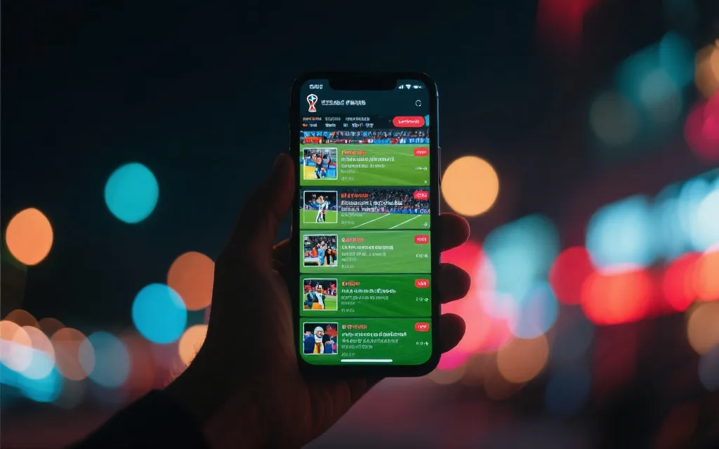 手机屏幕上滚动的世界杯精彩集锦与评论，夜晚光影氛围